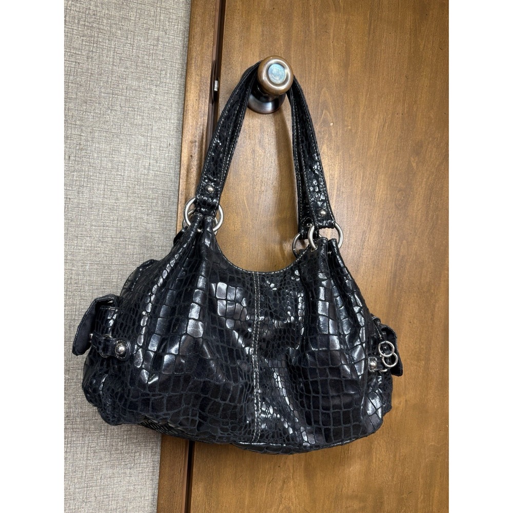 Vintage Y2K Black Croc Embossed Hobo Shoulder Bag Black Boho